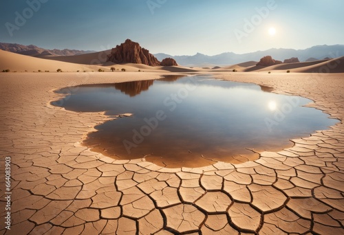 Cracked ground of a dried up lake or river in the desert as result of drought and extreme heat. Rivers and lakes worldwide are running dry. No freshwater for people to drink. Dries  Global drought