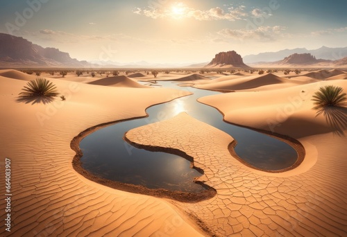 Cracked ground of a dried up lake or river in the desert as result of drought and extreme heat. Rivers and lakes worldwide are running dry. No freshwater for people to drink. Dries, Global drought