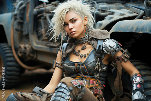 cyberpunk post apocalyptic girl sitting in front of a car photo