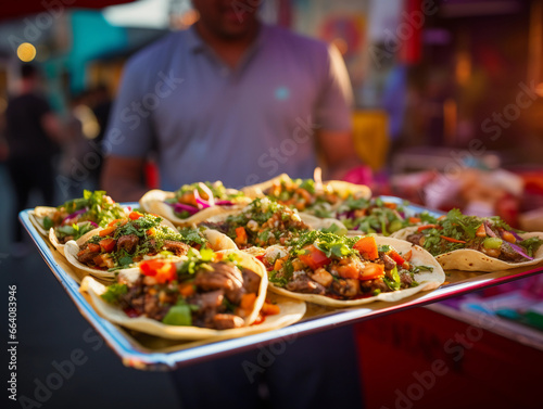Mexican street tacos, colorful toppings, focus on cilantro and lime, salsa on the side, held in hand, street scene in the background