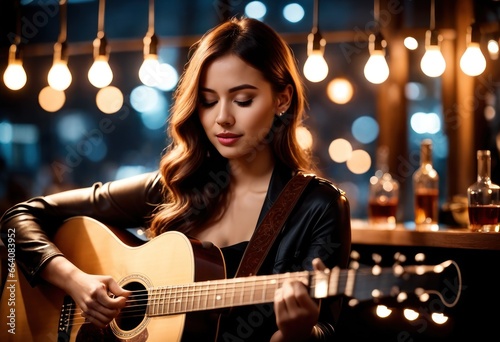 Beautiful young woman in casual dress playing acoustic guitar in cafe. Her finger catching chord in bar on dark night light bokeh blur background. Girl learning to play song