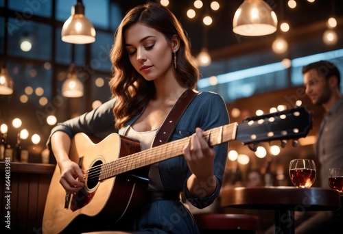 Beautiful young woman in casual dress playing acoustic guitar in cafe. Her finger catching chord in bar on dark night light bokeh blur background. Girl learning to play song