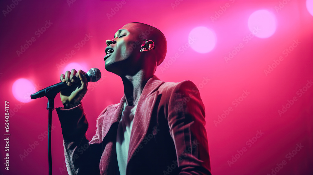 An African American man singing passionately on a stage in pink stage lighting. An African American man singing passionately on a stage in pink stage lighting.