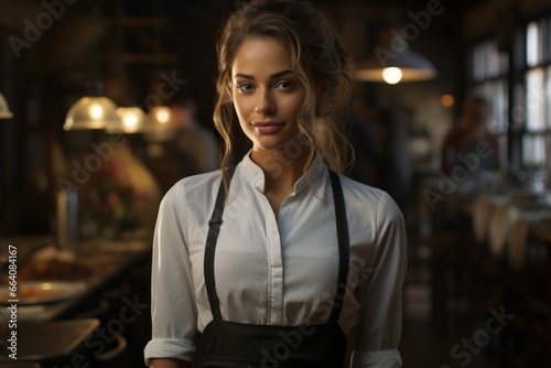 Woman assistant cook. Concept for starting a career as a chef. Portrait with selective focus and copy space