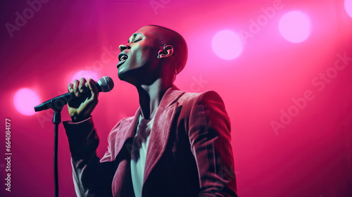 An African American man singing passionately on a stage in pink stage lighting.