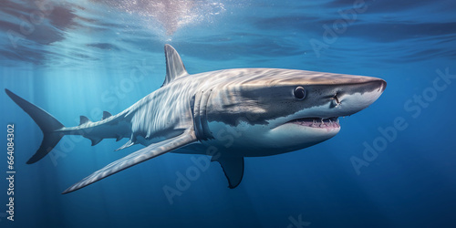 Mako Shark  swimming at high speed  motion blur to emphasize speed  deep blue ocean  dynamic composition  sunlight from above