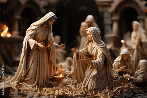 Fotografia A close-up of a Las Posadas nativity scene with detailed figurines representing the birth of Jesus in Bethlehem
