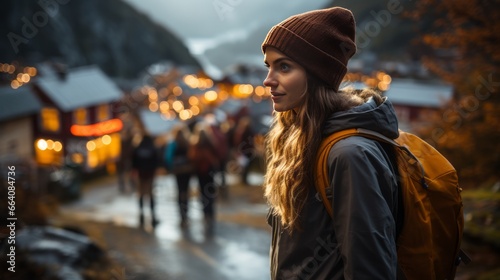 travel woman with backpack in autumn winter