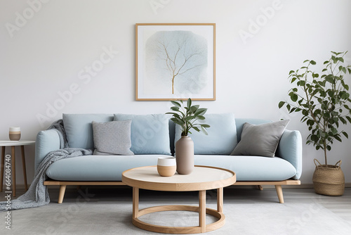 Scandinavian Living Room  Rustic Round Coffee Table Near White Sofa