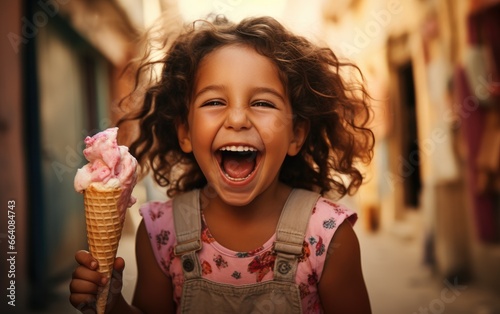 Kid girl happily eating a c...