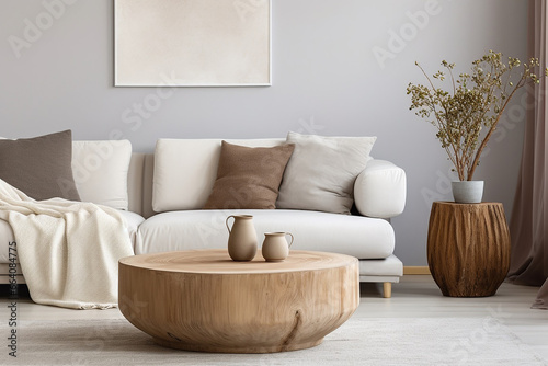 Scandinavian Living Room  Rustic Round Coffee Table Near White Sofa