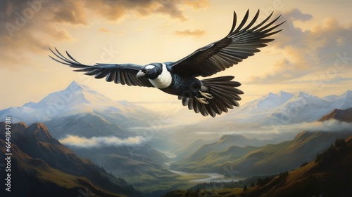 Graceful magpie in flight against mountainous horizon. Beauty of wild landscapes and majesty of birds. For cover design, stationery, scientific journal, presentation, banner, poster.
