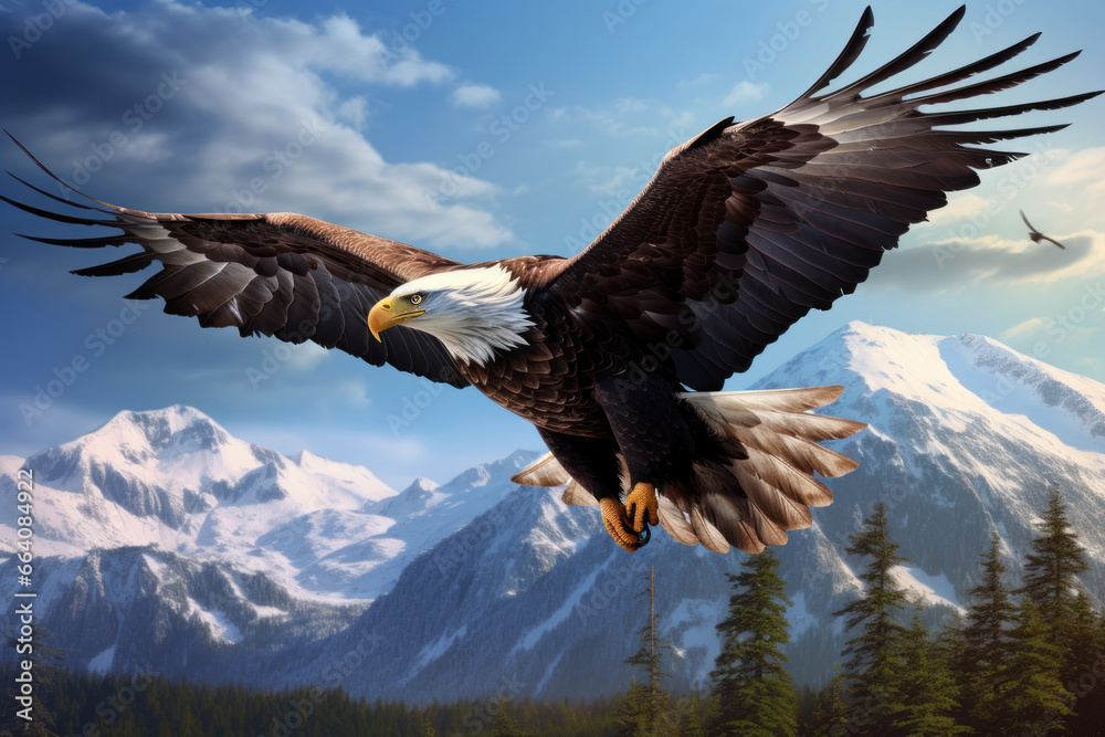 Obraz premium Majestic eagle close up soaring high above mountains, embodying freedom and strength. Symbol of power and grace. Ornithology, birdwatching. Cover design, stationery, scientific journal, presentation,