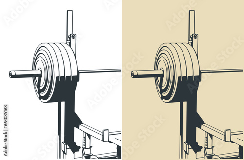 Barbell on a bench press rack close-up