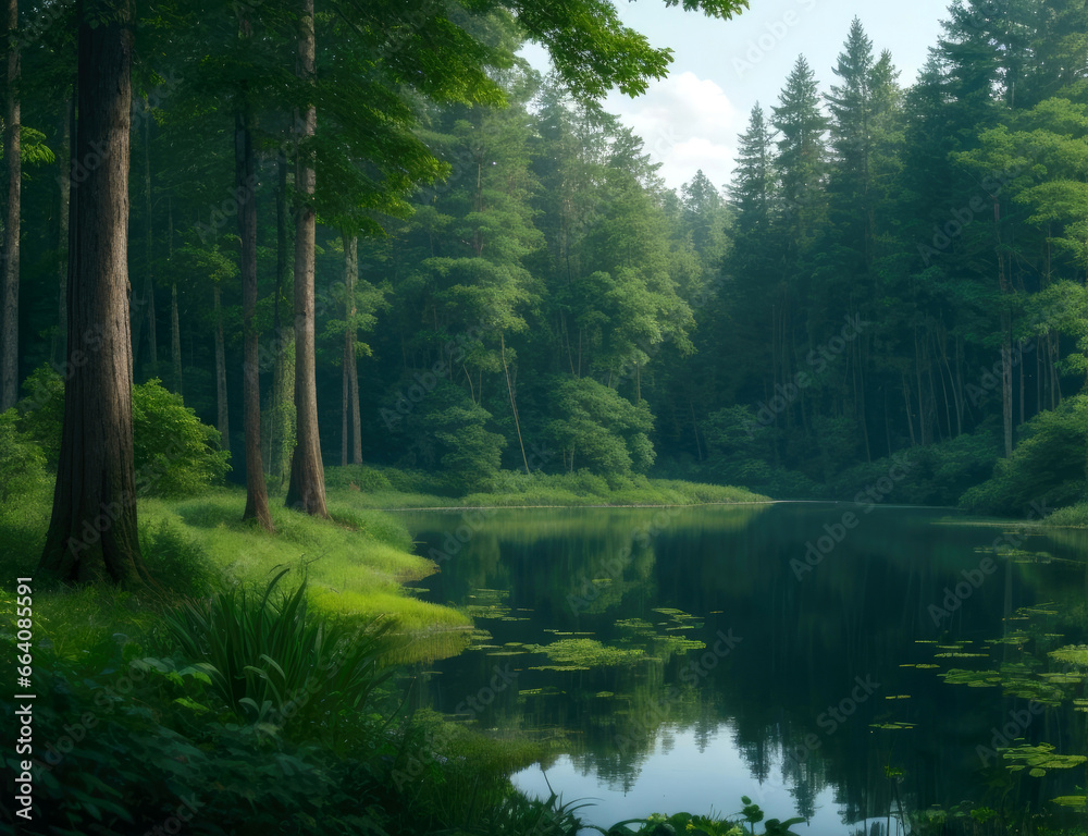 Serene green forest and lake landscape. Generative ai