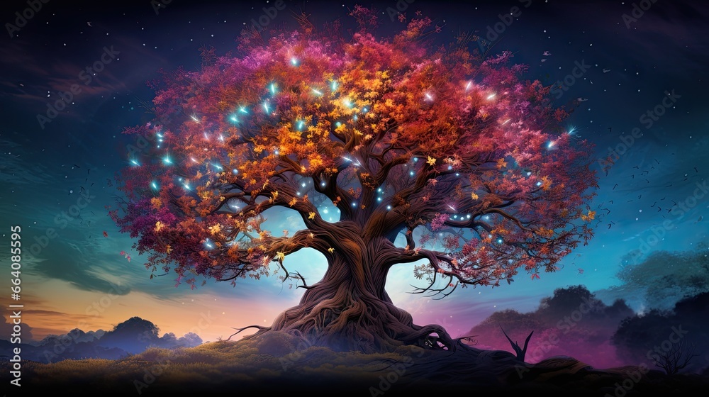 a tree with many lights on it in the night sky. generative ai a tree with many lights on it in the night sky. generative ai