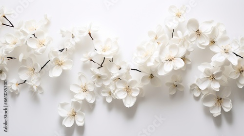  white flowers are arranged on a white surface with black stems.  generative ai © Anna