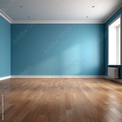 Blue empty room with wooden floor and blue wall. 3d rendering, Ai Generated