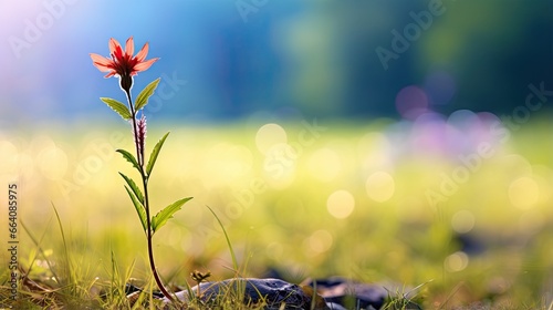  a single flower is growing out of the ground in the grass. generative ai