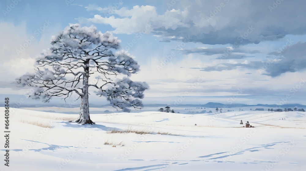  a painting of a lone tree in a snowy field with a cloudy sky.  generative ai