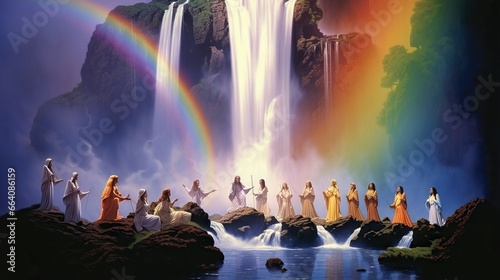  a group of people standing in front of a waterfall with a rainbow. generative ai