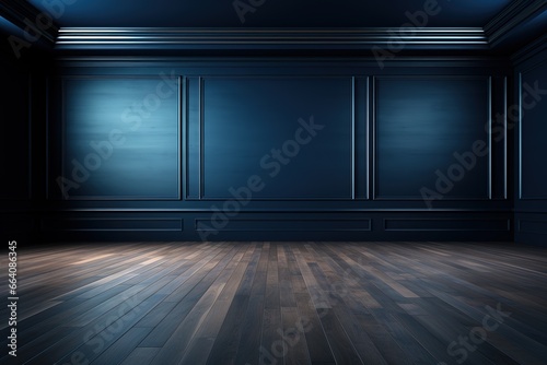 Dark blue empty interior with wooden floor and walls, AI Generated © Mediapro