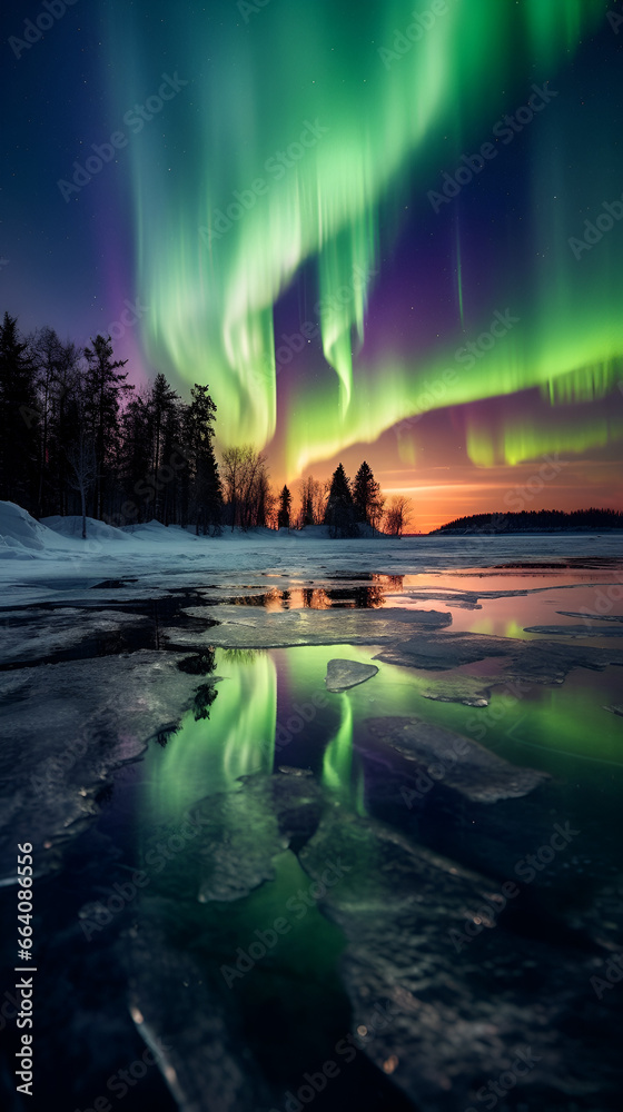 Northern lights on frozen water, in the style of surreal naturalism, richly colored skies