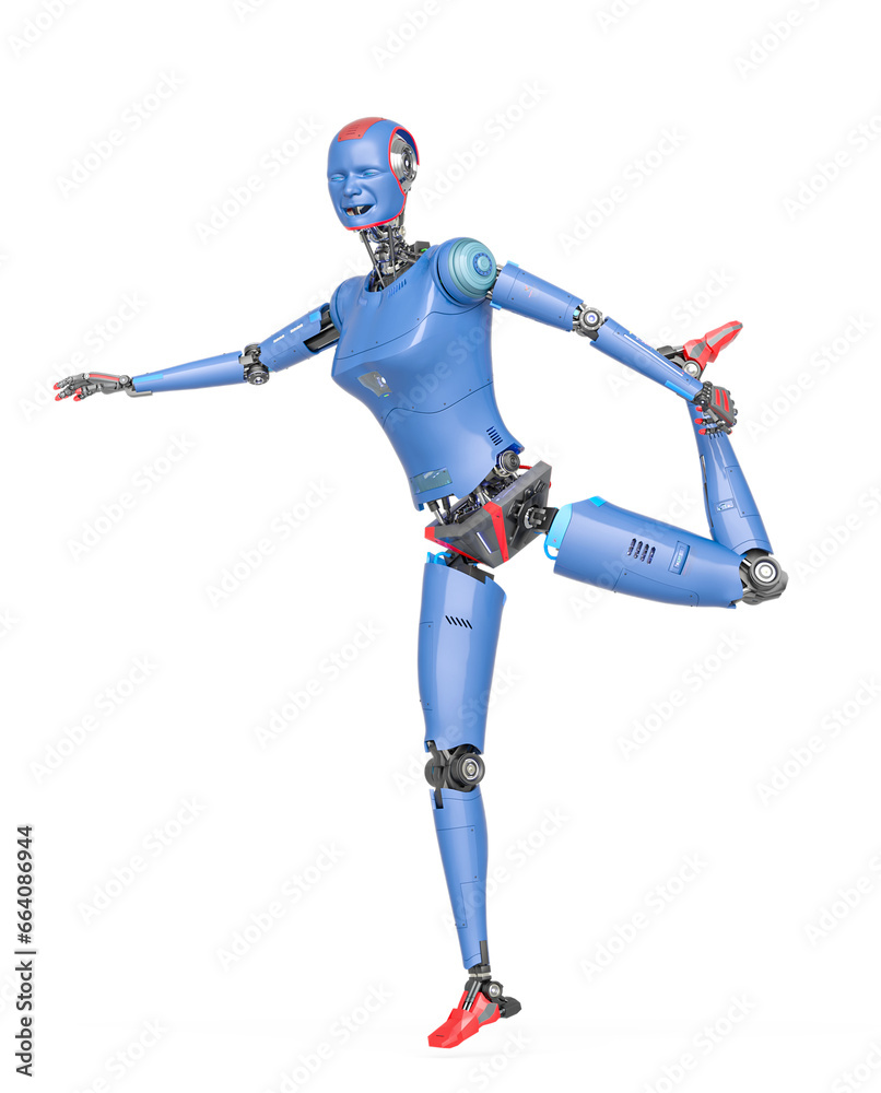 female cyborg is stretching