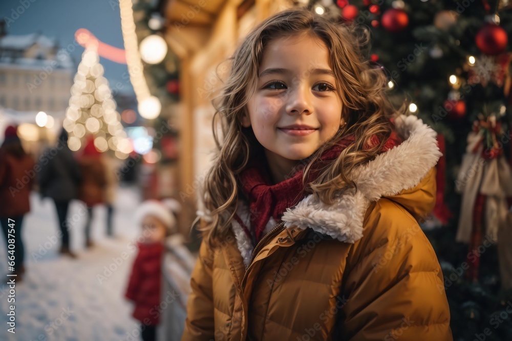 Portrait of cute little girl at a Christmas market, bokeh lights in the background Portrait of cute little girl at a Christmas market, bokeh lights in the background