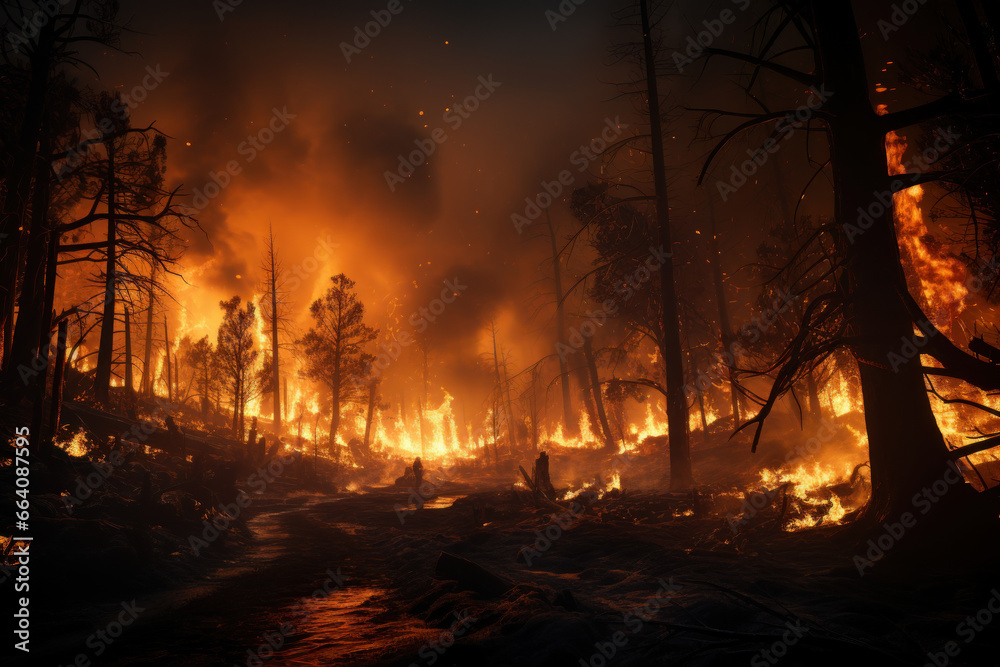 A smoking forest with flames engulfing trees, representing the ferocity of wildfires. Concept of forest fire hazards. Generative Ai. A smoking forest with flames engulfing trees, representing the ferocity of wildfires. Concept of forest fire hazards. Generative Ai.