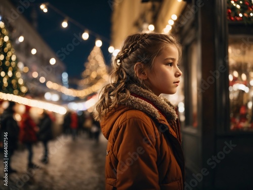 Portrait of cute little girl at a Christmas market, bokeh lights in the background