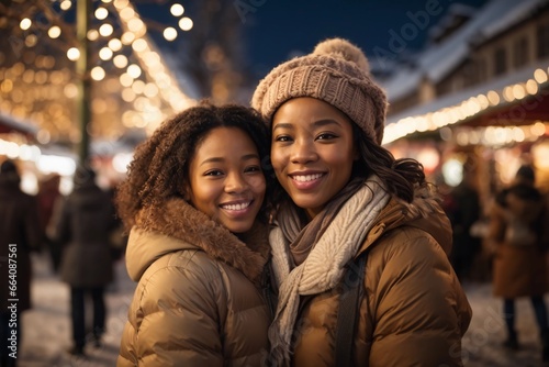 Two young smiling African American women at Christmas market, bokeh lights in the background