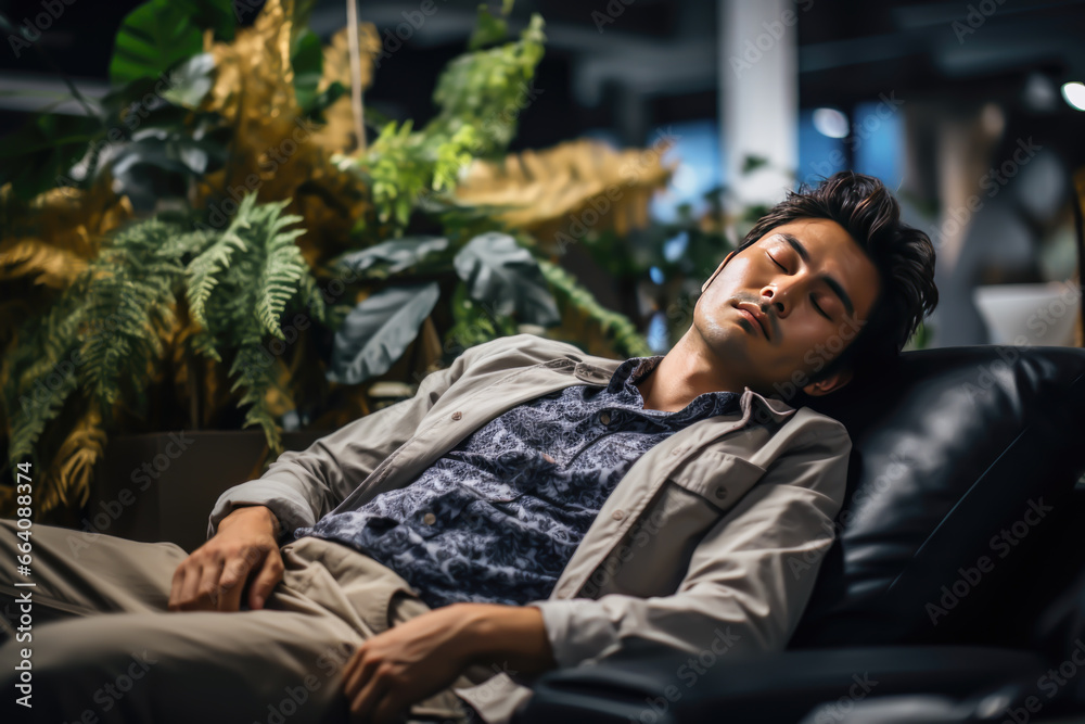 man falls asleep on a hotel sofa man falls asleep on a hotel sofa