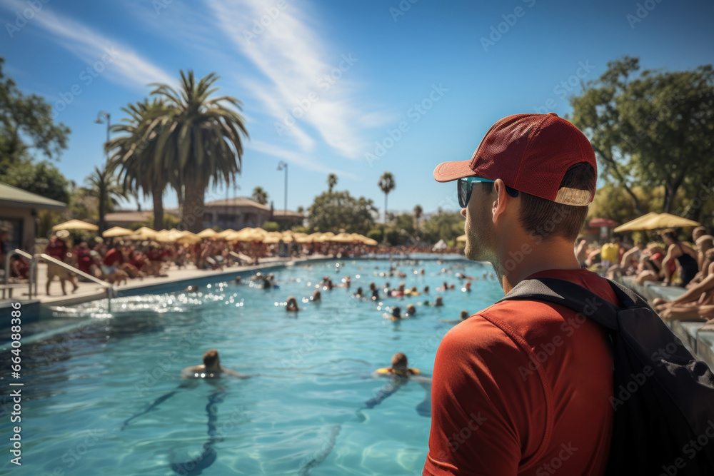 A lifeguard monitoring a crowded community pool, safeguarding aquatic recreation. Concept of community pool safety. Generative Ai.