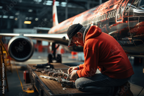 A mechanic servicing an airplane, ensuring the safety of air travel. Concept of aviation maintenance. Generative Ai.