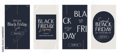Black Friday minimalistic abstract social media stories set. Collection of templates, banners and backgrounds for shopping and business.