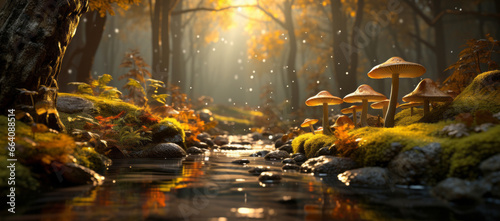 Autumn seasonal background  mushrooms growing on forest floor in wet moss and fallen leaves  beside a small river under rain drops and autumnal sun - Fall season magical ambience