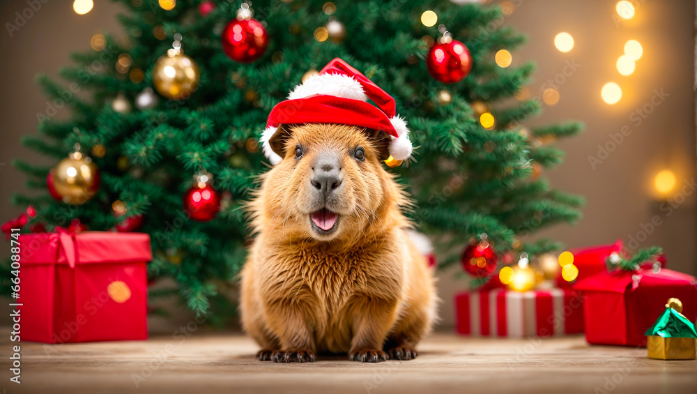 Cute capybara wearing santa hat