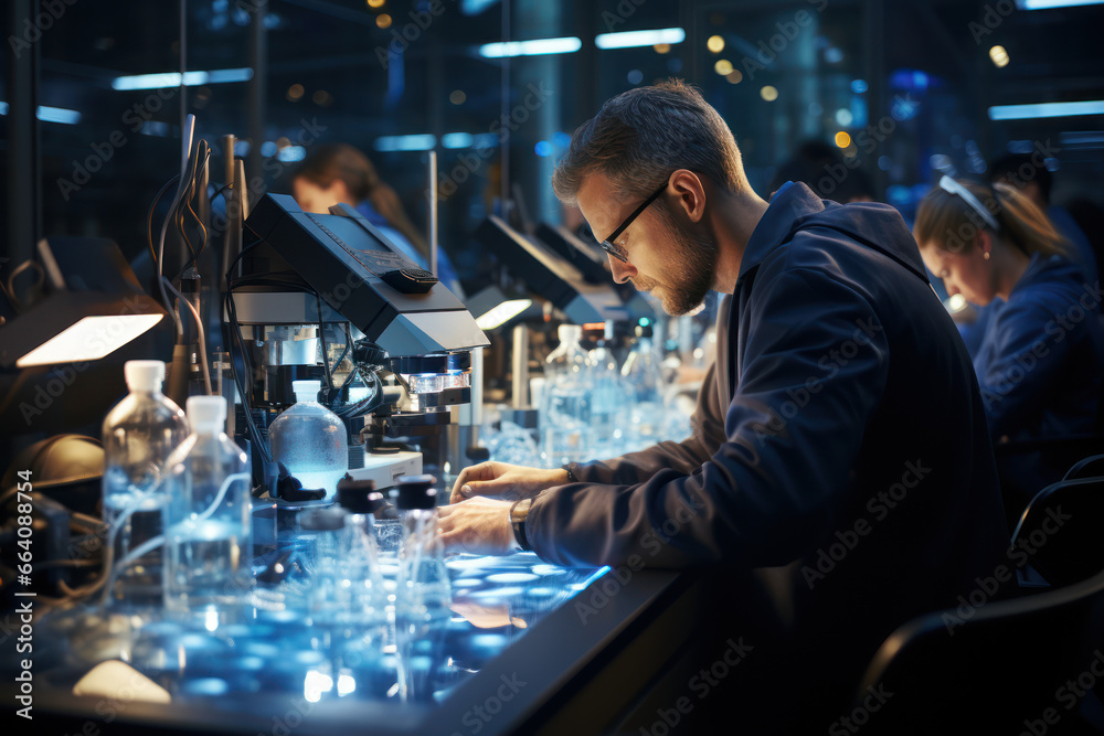 A laboratory filled with scientists studying the genetic basis of inherited diseases. Concept of medical genetics. Generative Ai. A laboratory filled with scientists studying the genetic basis of inherited diseases. Concept of medical genetics. Generative Ai.