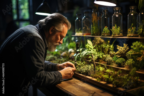 A botanist cataloging and preserving plant specimens in a herbarium. Concept of plant biology. Generative Ai. © Sebastian