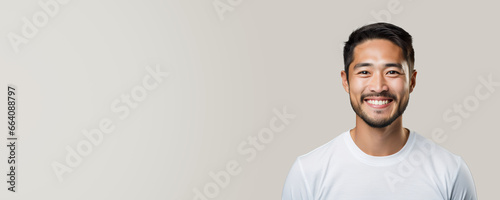 Expressive Asian Male in a white shirt, Asian American male, man on an isolated background with copy space, room for text photo