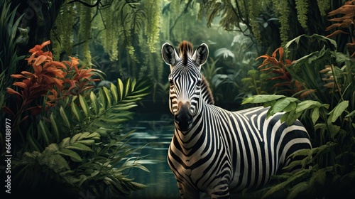  a zebra standing in the middle of a jungle filled with plants. generative ai
