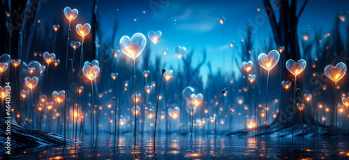 wallpaper of flowers of hearts, with interior light, on blue background, lovers, love