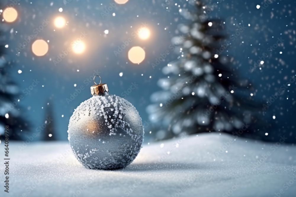 Christmas decoration on snow with fir tree and bokeh background. Christmas decoration on snow with fir tree and bokeh background.