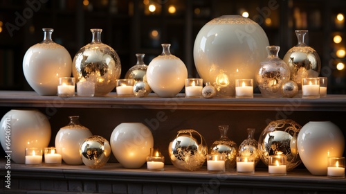 Decorative vases with burning candles on shelf in room, closeup