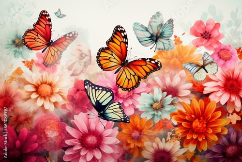 beautiful scenery depicting colorful butterflies and vibrant flowers. Generative AI © Darian