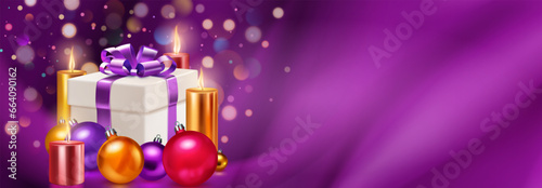 Holiday illustration with gift box with ribbons and bow, several burning candles and Christmas balls on a purple background with folds and bokeh effect, with place for text