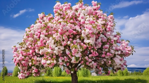  a tree with pink and white flowers in a park area.  generative ai © Olga