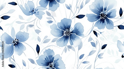  a blue and white floral pattern on a white background with blue flowers.  generative ai