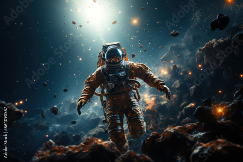 An astronaut floating in the vastness of space, surrounded by stars. Concept of space exploration and human achievement. Generative Ai.